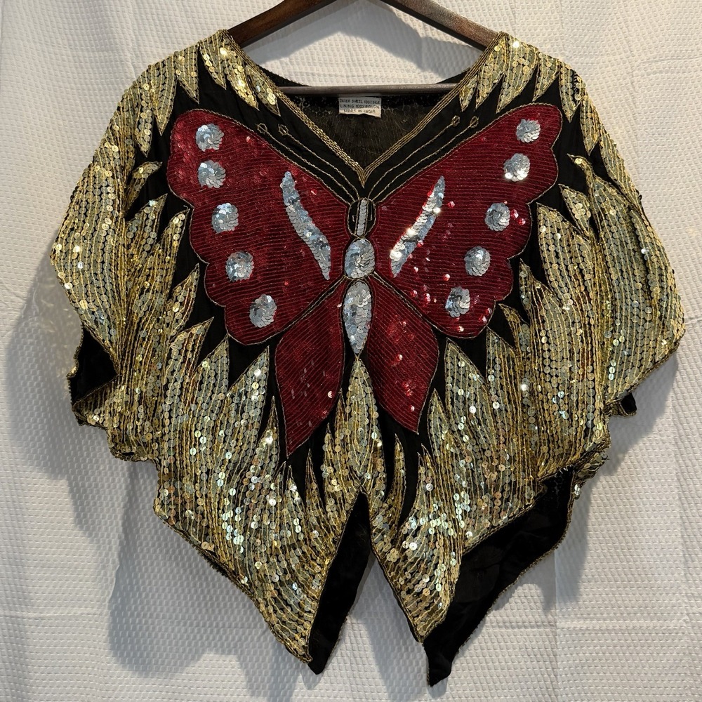 Vintage 80s Silk Sequin Butterfly Beaded Black Art Deco Festival Boho Gold & Red